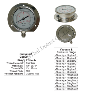 Compound gauge 2.5 นิ้ว ออกล่าง มีปีก สแตนเลส